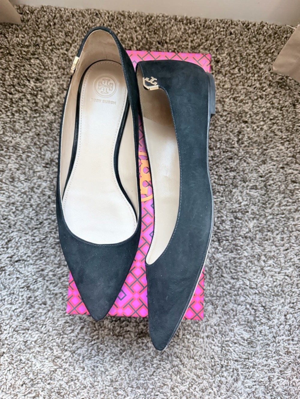 Tory Burch Black Suede Pointed-Toe Flats with Gold Logo Accent